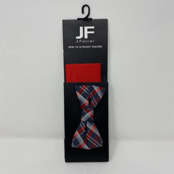 JF J. Ferrar Bow Tie & Pocket Square Combo Plaid - Picture 1 of 4
